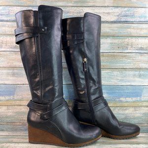 Dr Scholl's Checkit Black Faux Leather Wedge Heel Pull On Knee High Boots